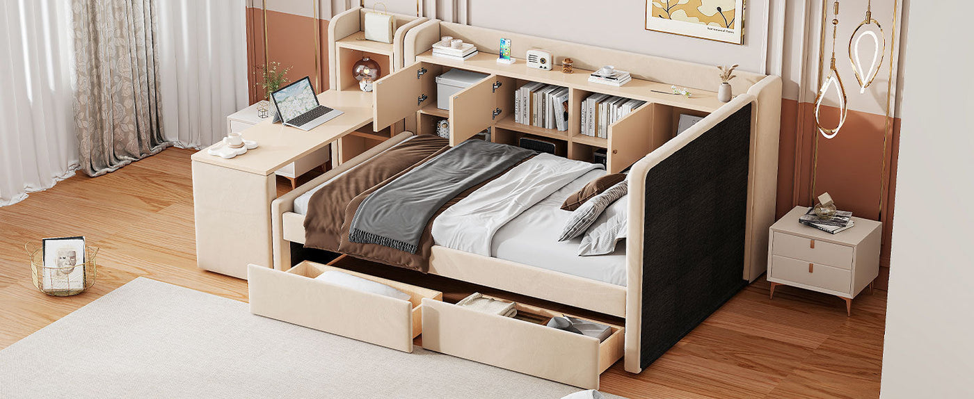 Twin Size Upholstered Daybed with Drawers, Shelves, Flip Cabinets & Side Table (Beige)