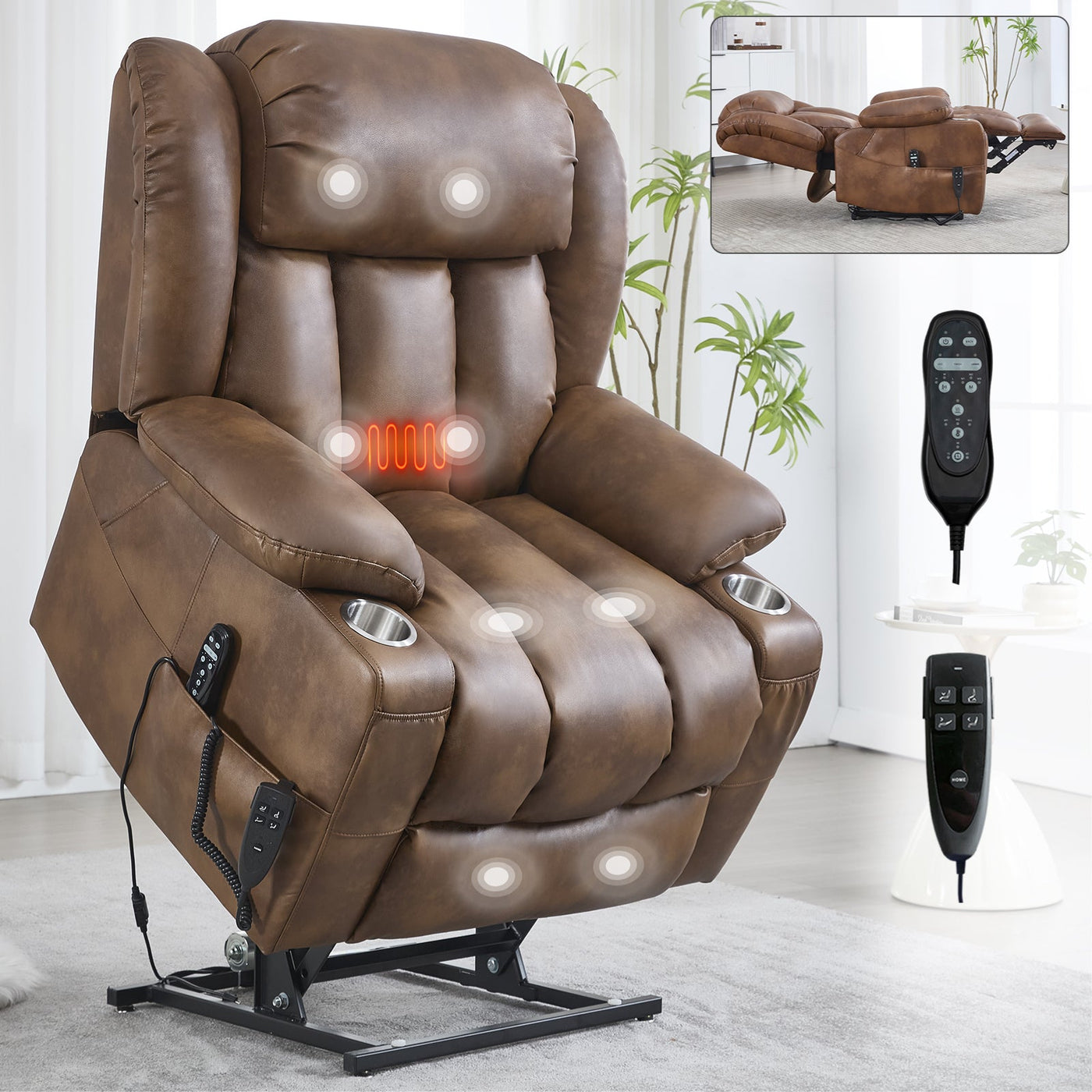 Dual Motor Infinite Position Up to 350 LBS Leatherair Power Lift Recliner Chair, Heavy Duty Motion Mechanism with 8-Point Vibration Massage and Lumbar Heating, Stainless steel Cup Holders, Brown
