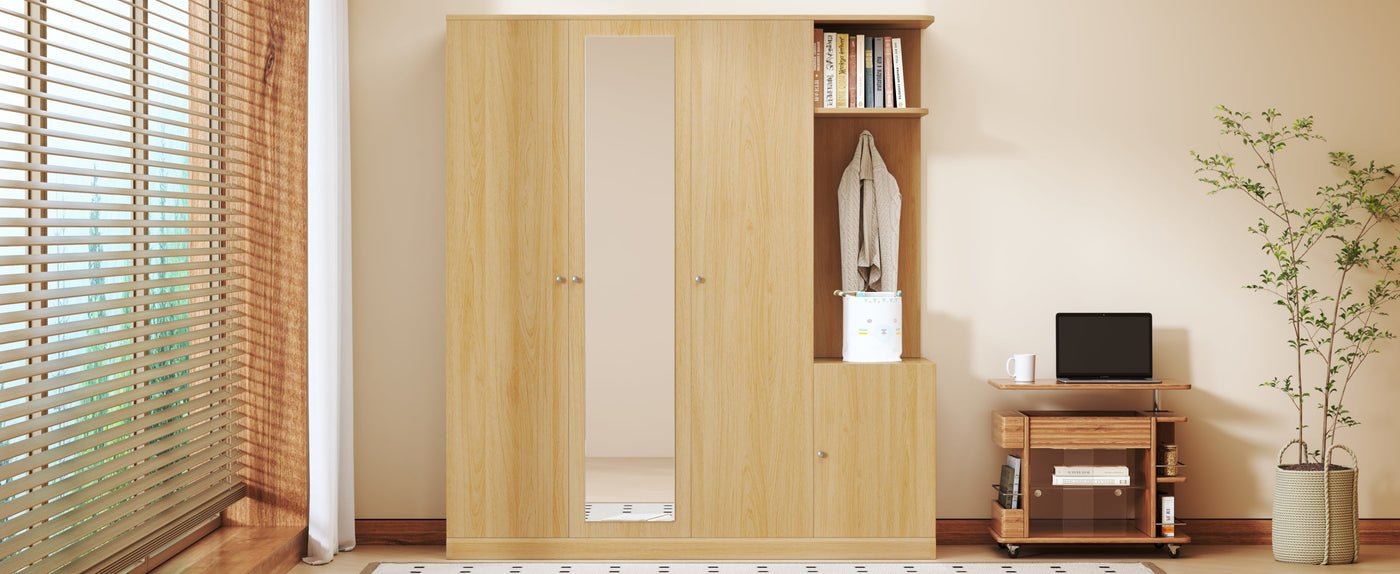 4-Door Wardrobe with Shelves, Drawers, and Full-Length Mirror, Natural