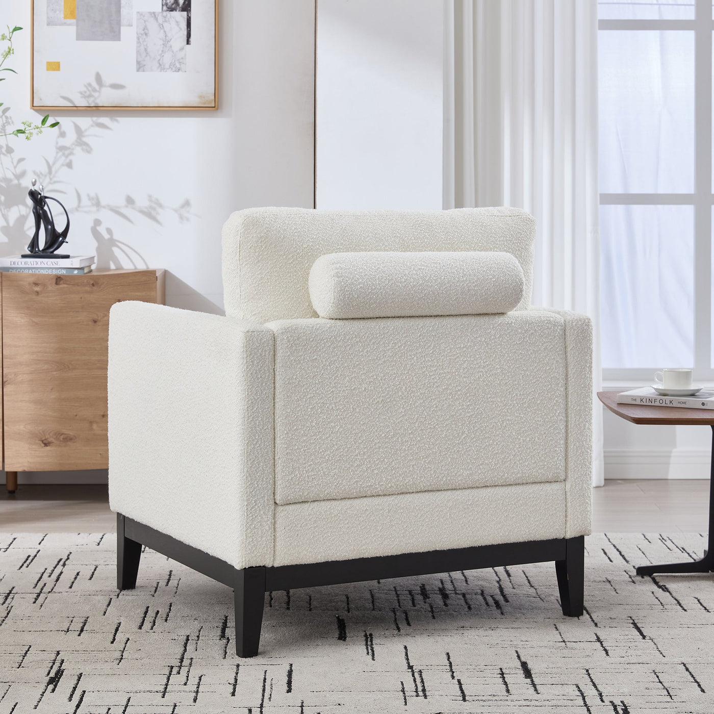 35.4' Wide Modern Farmhouse Performance Accent Chair with Black Finish Legs, Wood Base Reading Armchair Single Sofa with Two Bolster Pillows for Living Room Offices and Lounge, Ivory Boucle.