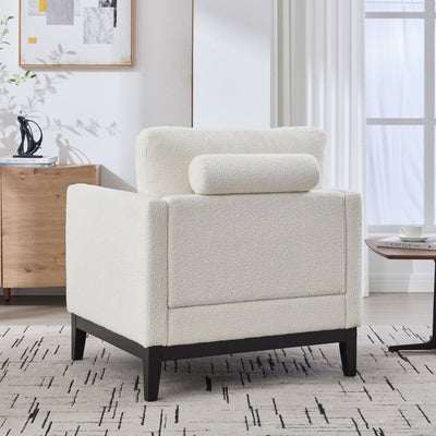 35.4' Wide Modern Farmhouse Performance Accent Chair with Black Finish Legs, Wood Base Reading Armchair Single Sofa with Two Bolster Pillows for Living Room Offices and Lounge, Ivory Boucle.