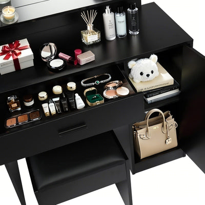 Vanity Desk with Mirror and Lights, Makeup Vanity with Drawer & Storage Cabinet, 3 Adjustable Lighting Colors, Makeup Desk with Open Shelves for Bedroom, Dressing Room, Black