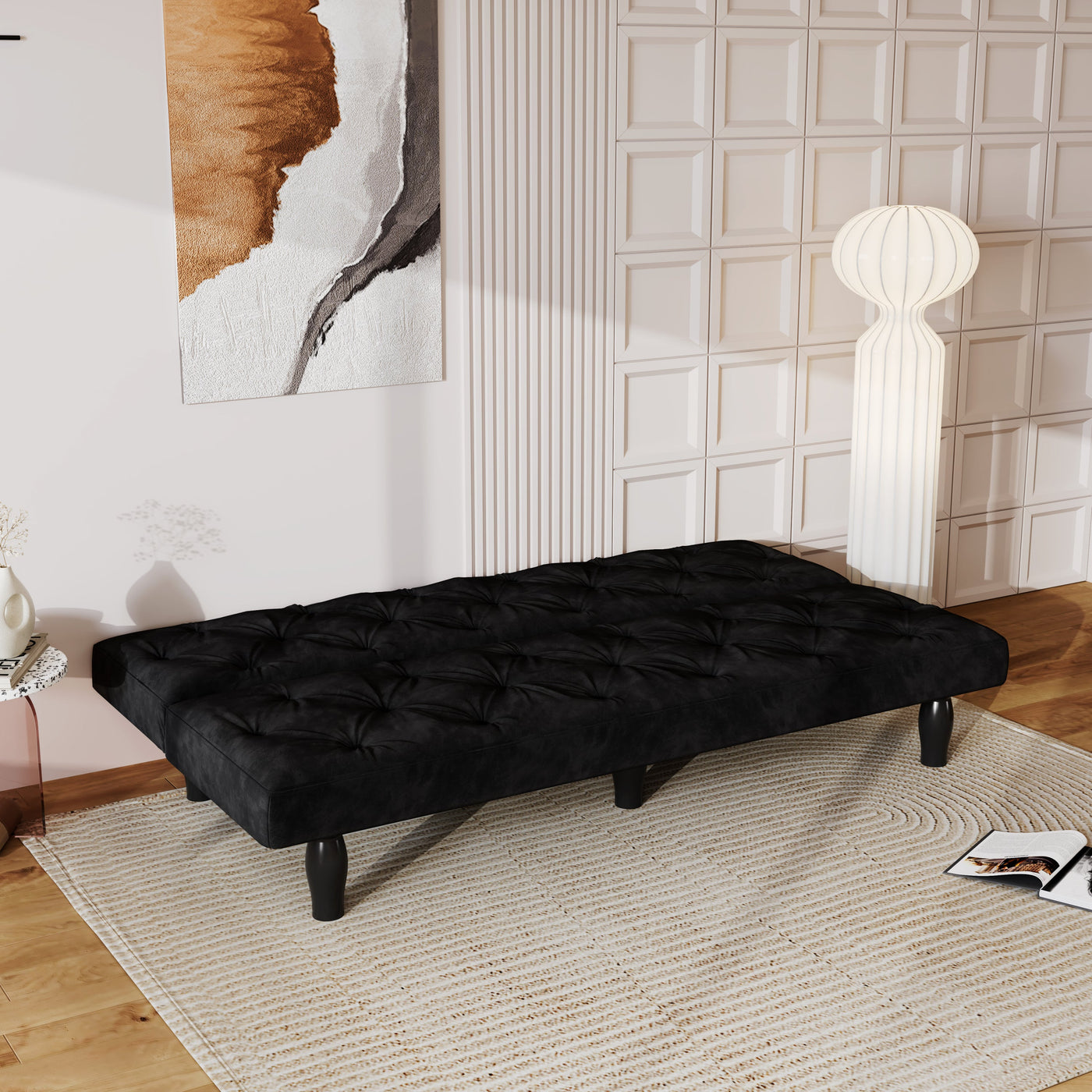 Sofa-to-Bed Evolution: 66' Black Velvet Sofa Bed Transforms Seamlessly, Ideal for Family Living Rooms, Apartments, and Bedrooms