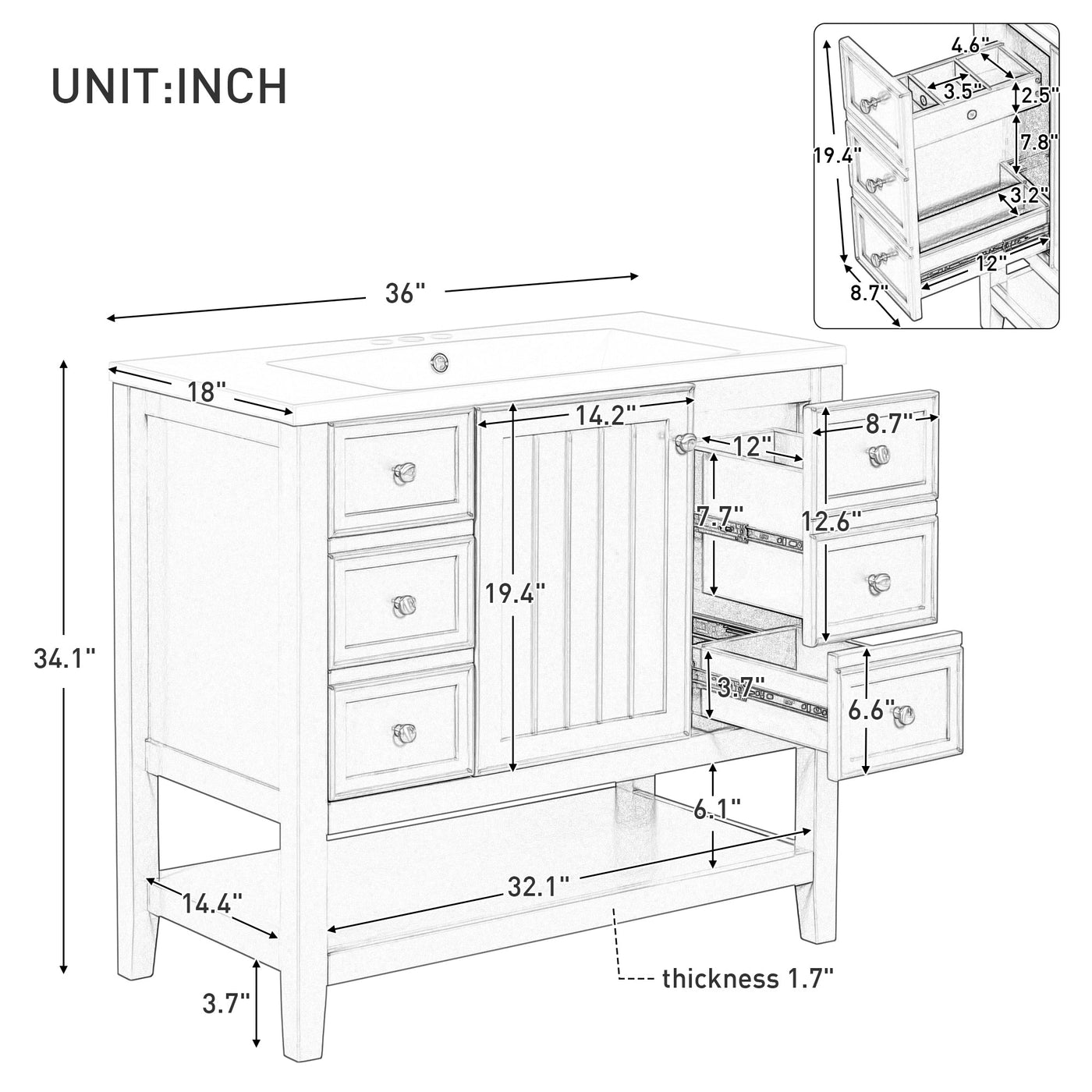 36' Bathroom Vanity with Sink Combo, One Cabinet and Three Drawers, Solid Wood and MDF Board, Black (Old Sku:SY999505AAB)