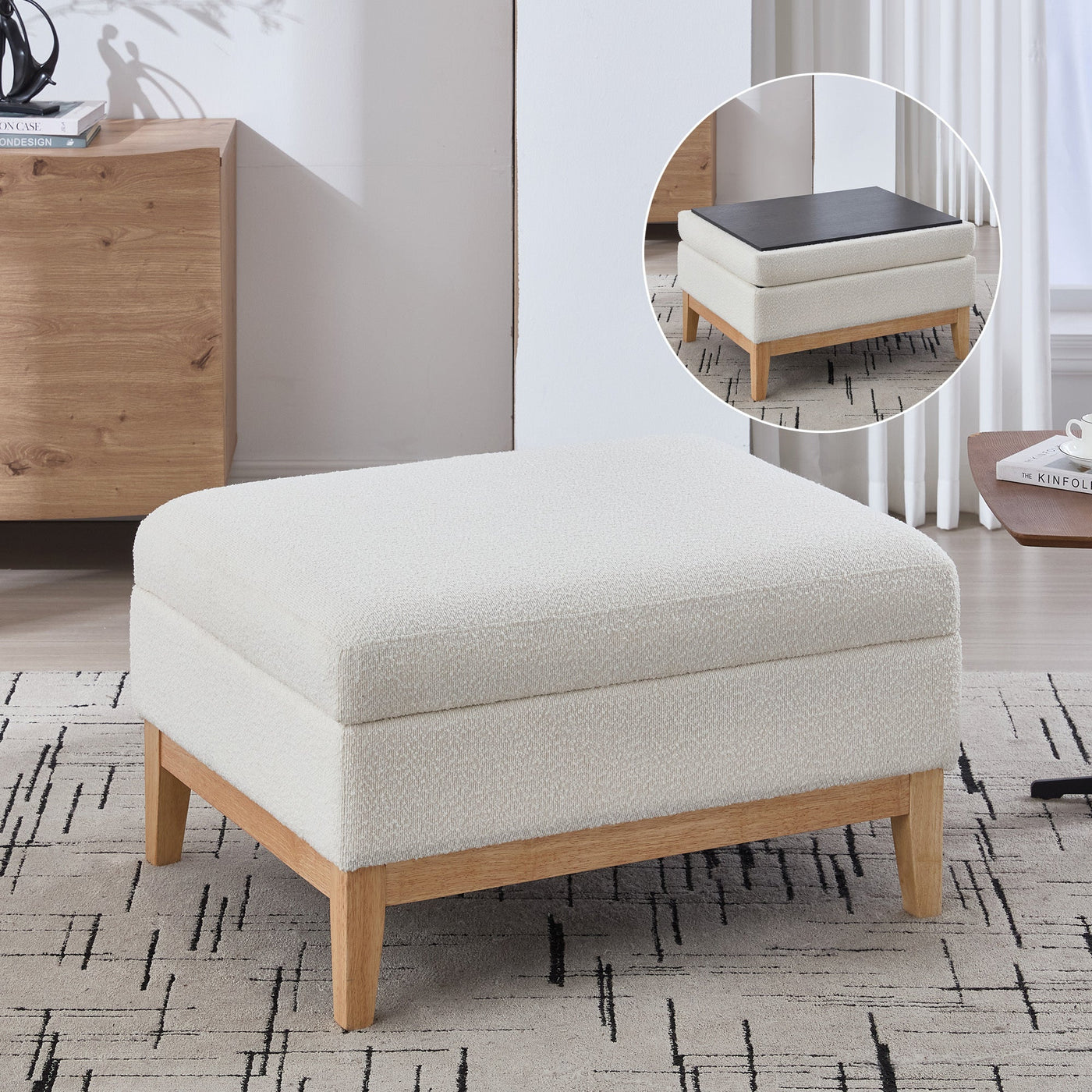 33.86'W Upholstered Wood Base Storage Ottoman with Reversible Lid Coffee Table, Foot Stool Square Footrest with Rubberwood Legs for Living Room Bedroom Entryway and Office, Ivory Boucle.