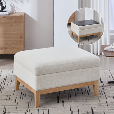 33.86'W Upholstered Wood Base Storage Ottoman with Reversible Lid Coffee Table, Foot Stool Square Footrest with Rubberwood Legs for Living Room Bedroom Entryway and Office, Ivory Boucle.