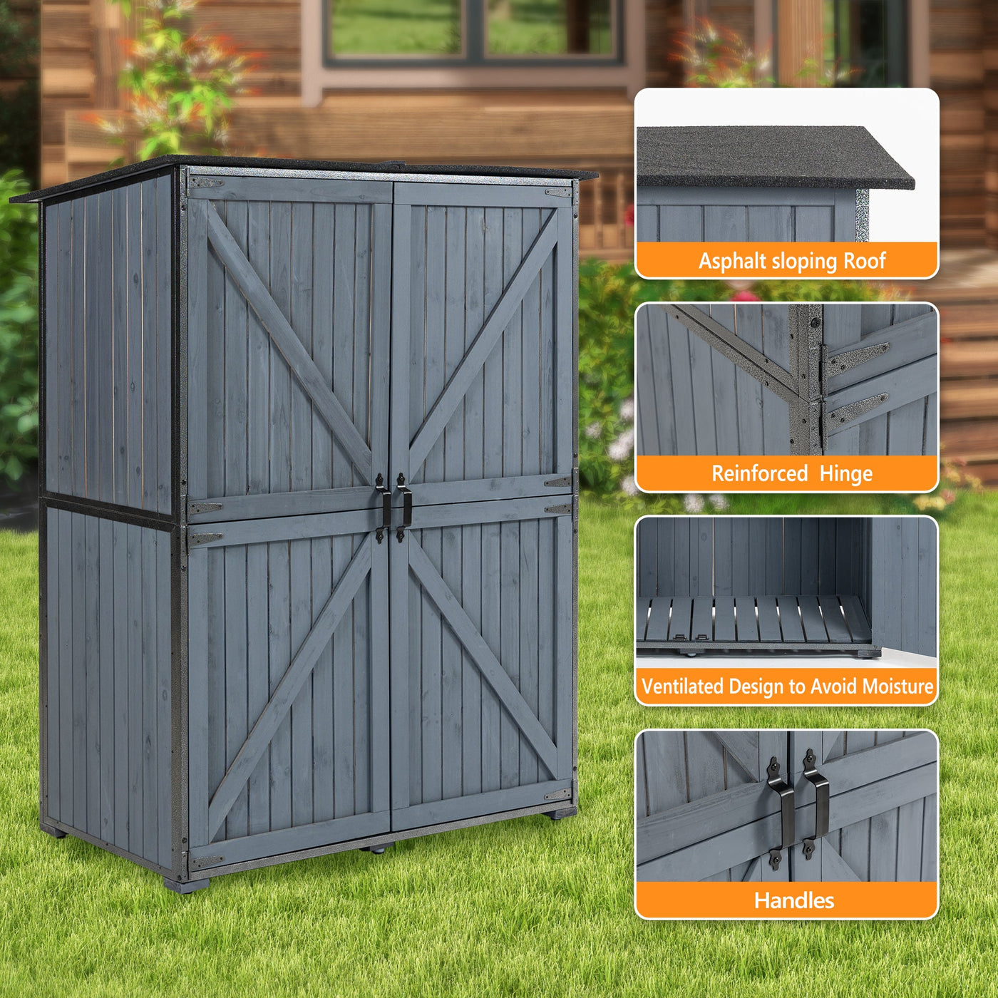 Outdoor Storage Cabinet 55.1'L X 29.1'W X 68.9'H, Garden Shed Tool Shed with Metal Frame Structure for Backyard Garden Patio Lawn (Blue Gray)