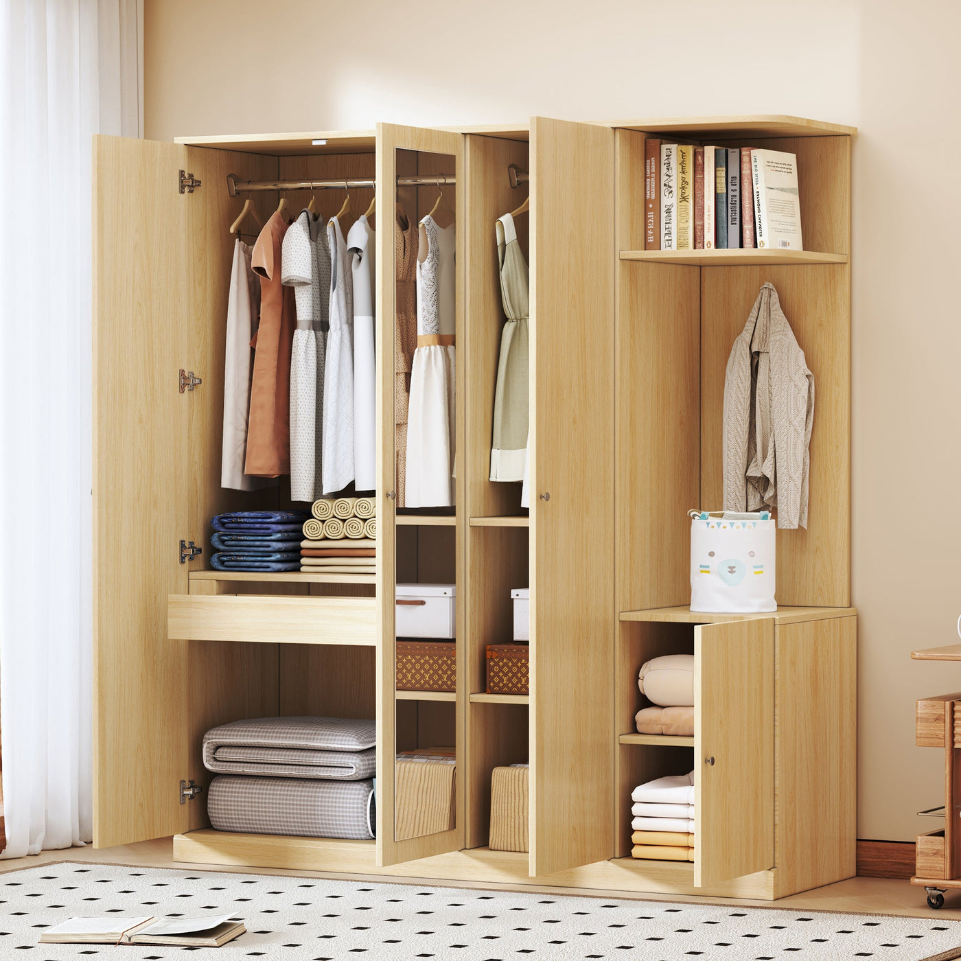 4-Door Wardrobe with Shelves, Drawers, and Full-Length Mirror, Natural