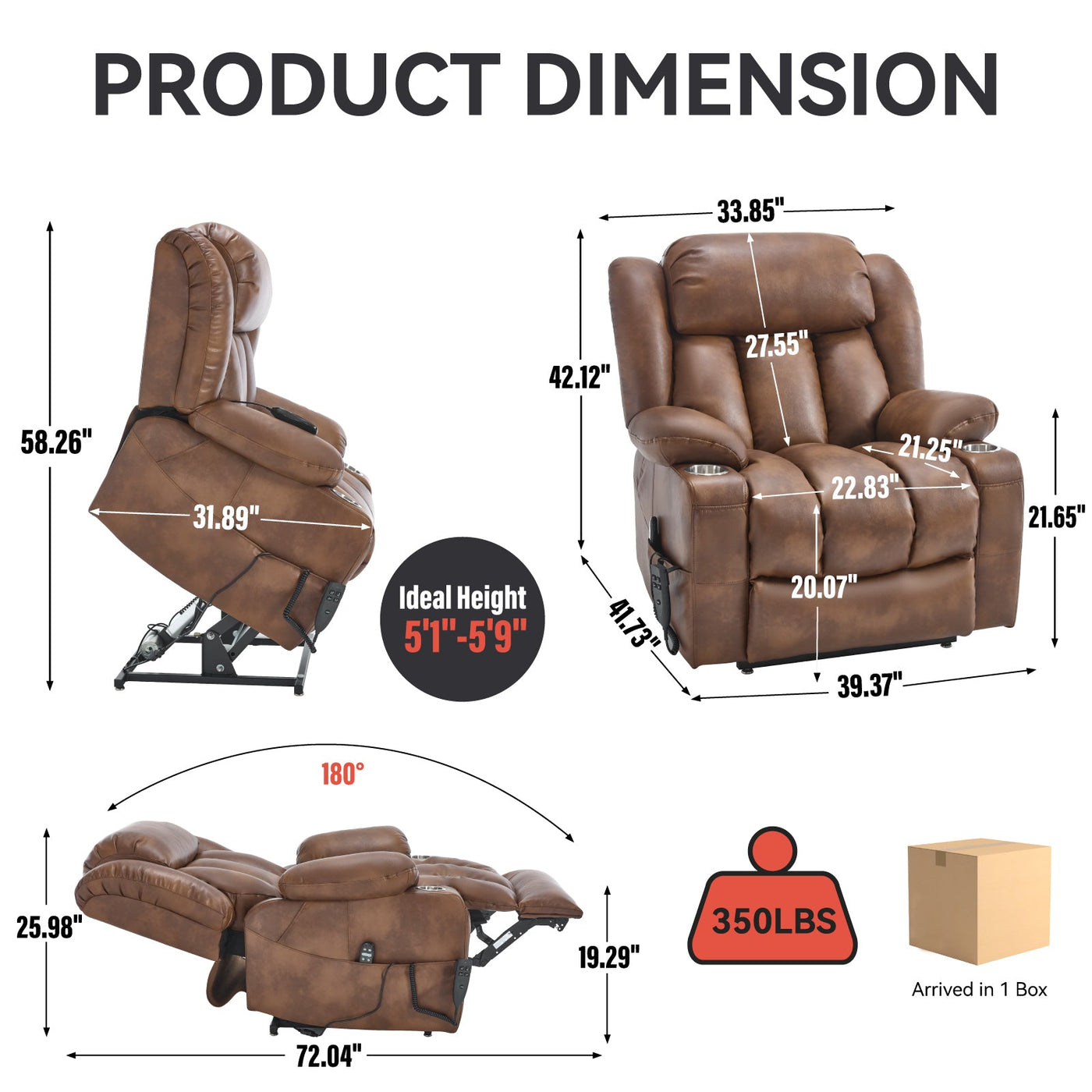 Dual Motor Infinite Position Up to 350 LBS Leatherair Power Lift Recliner Chair, Heavy Duty Motion Mechanism with 8-Point Vibration Massage and Lumbar Heating, Stainless steel Cup Holders, Brown