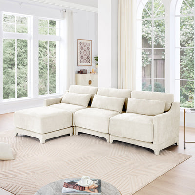 Elegant Chenille Three-Seater Sofa with Movable Ottomans, High-Resilience Sponge, Beige