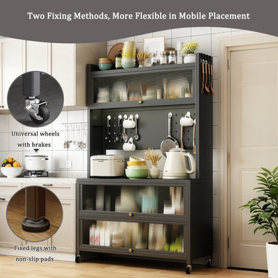 64' Kitchen Pantry Storage Cabinet, 5 Tier Metal Storage Cabinet with Wheels, Transparent Flap Door &  DIY Hole Board , Kitchen Storage Bakers Rack, for Kitchen, Living Room and Dining Room, Gray