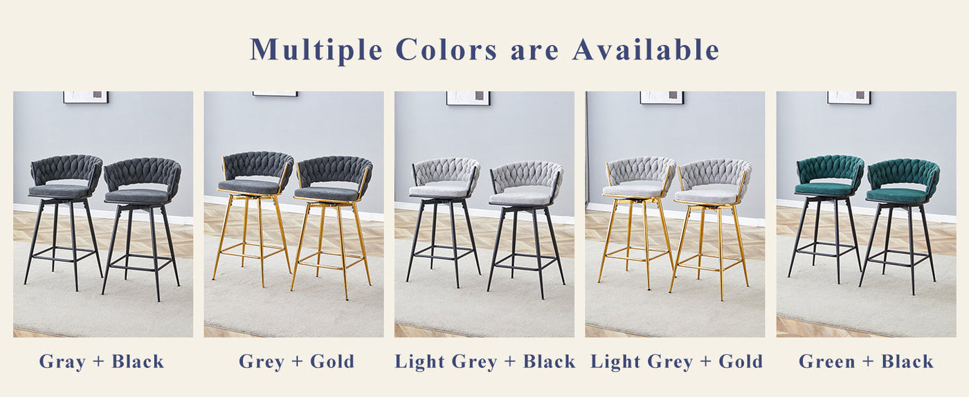 A set of 4 rotating bar stools, equipped with breathable linen cushions - beige seats with golden metal legs, suitable for the height of the kitchen island, dining table or bar counter