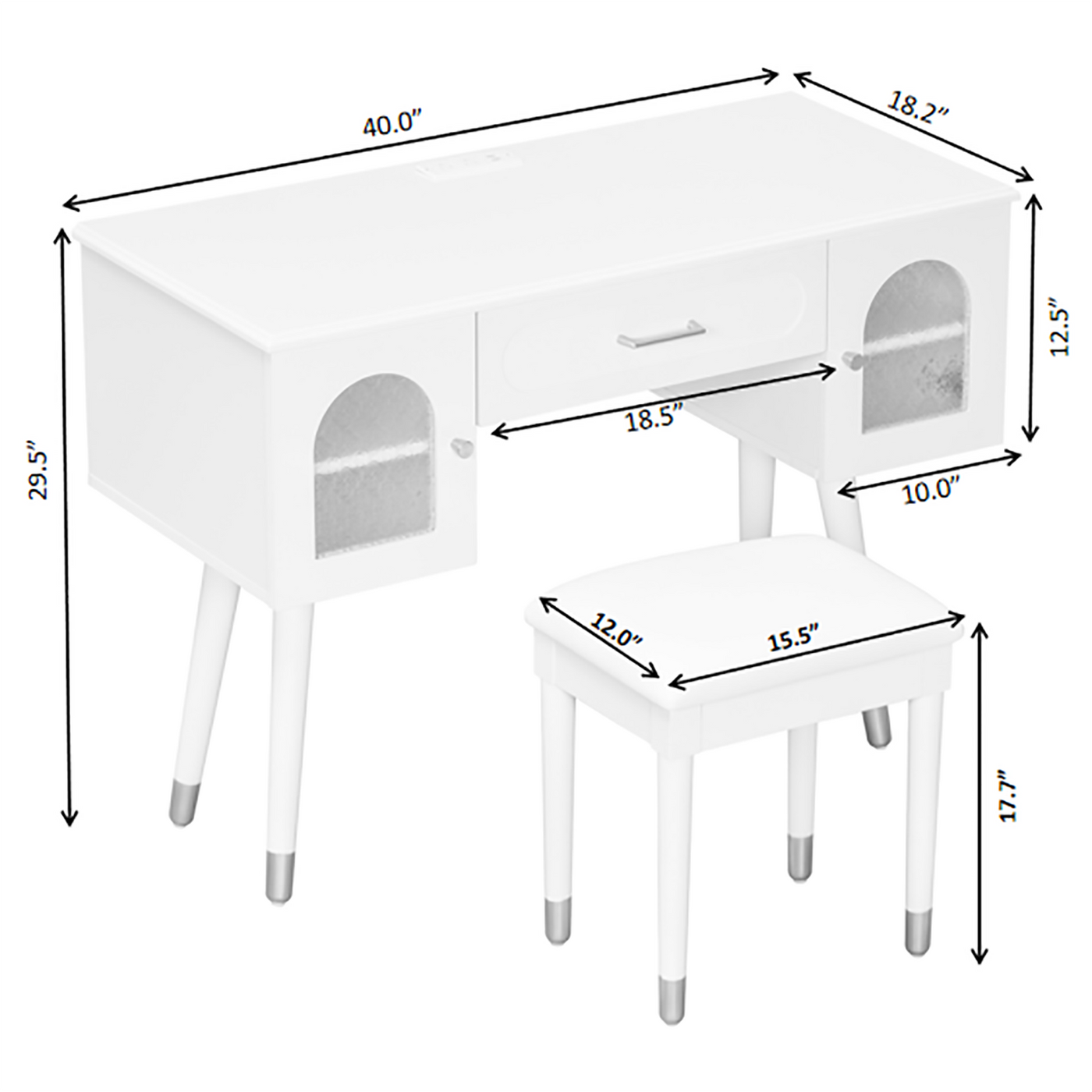 Elegant Vanity Makeup Table & Chair Set, Modern Dressing Table with Organizer, Writing Desk, Charging Port, White, Engineered Wood