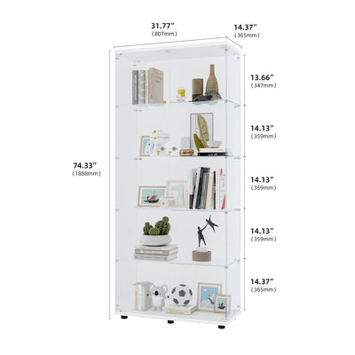 Two Door Glass Cabinet Glass Display Cabinet with 5 Shelves, White