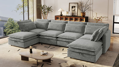 U_Style Double-Layer Cushion Modern Large U-Shaped Modular Sofa, Freely Combinable 6-Seater with Storage Function, Convertible to Sofa Bed, Perfect for Living Rooms, Offices, and Apartments