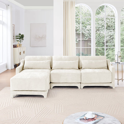 Elegant Chenille Three-Seater Sofa with Movable Ottomans, High-Resilience Sponge, Beige