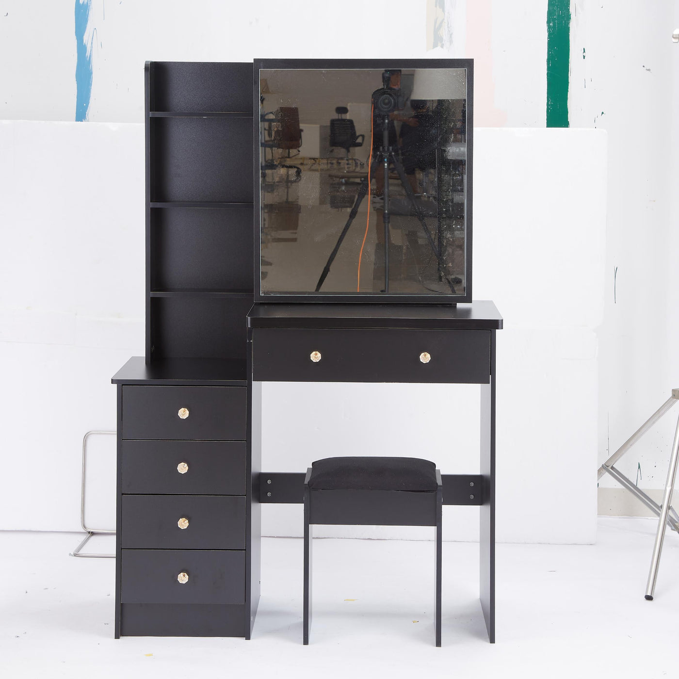 37' Middle Size Left Bedside Cabinet Vanity Table + Cushioned Stool, Extra Large Right sliding mirror, Multi Layer High Capacity Storage, Practical Fashionable Dresser, Suitable For Middle Space