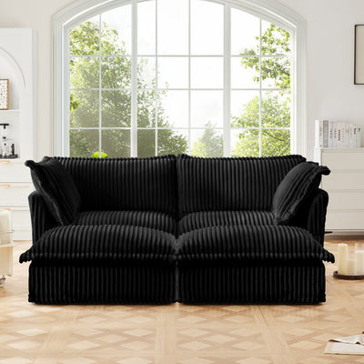 Slipcovered Sofa 2 Seater Sofa    With 2 Ottomans, 2 Seater Sleeper Sofa Bed Home Theater Oversized Sofa For Living Room, Corduroy, Black