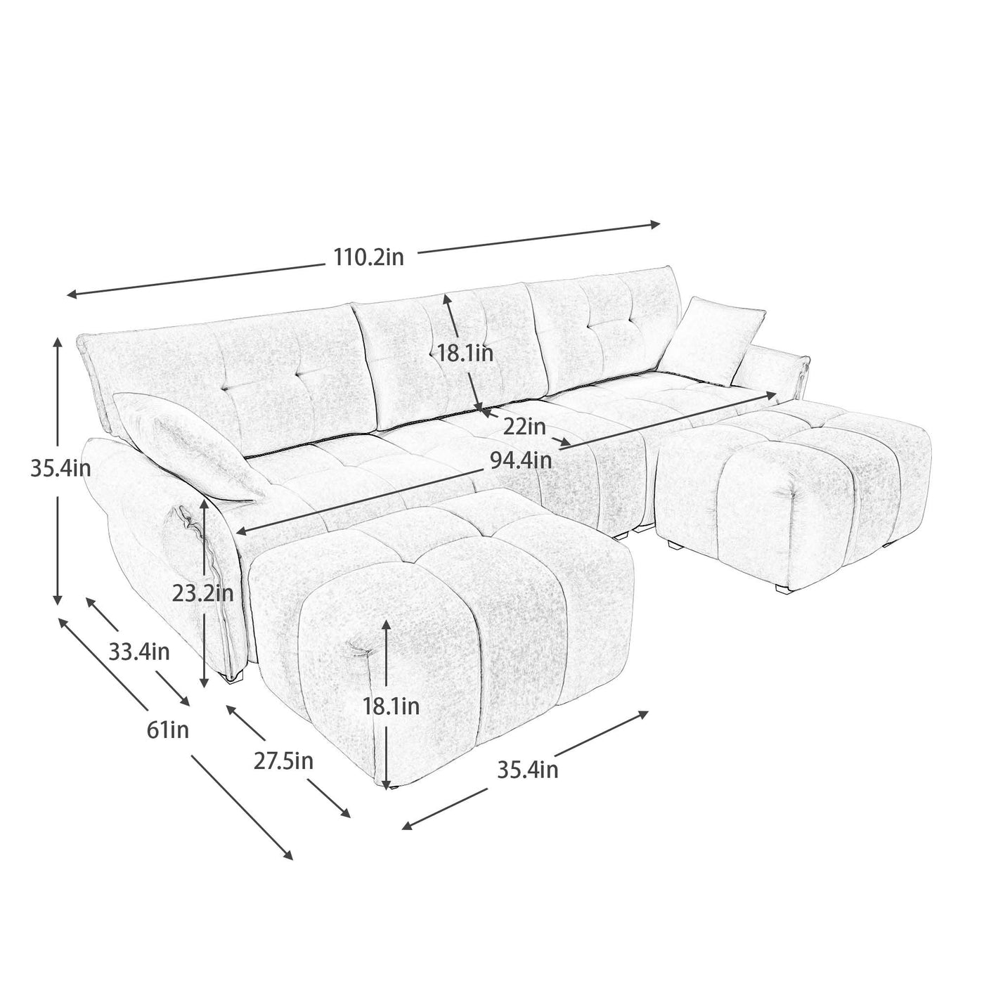 Elegant Textured Chenille 3 Seater Sofa Set with Ottoman and Throw Pillows in Sturdy Solid Wood Frame, White