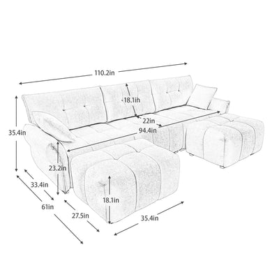 Elegant Textured Chenille 3 Seater Sofa Set with Ottoman and Throw Pillows in Sturdy Solid Wood Frame, White