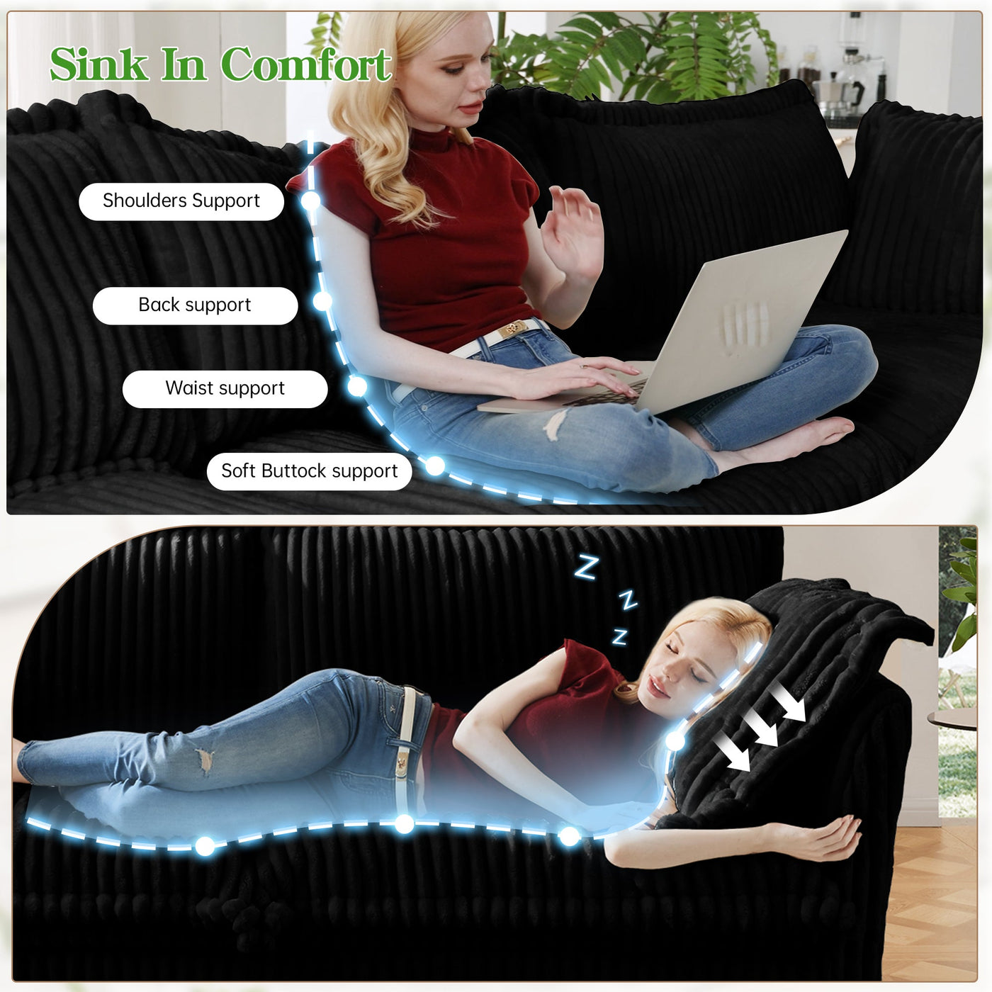 Slipcovered L Shape Sectional Long Sofa Couch, 4 Seater Sofa with Suppleness Armrests,Deep Seat Sofa with 2 Big Pillows, Comfy Couch for Living Room, Apartment, Black Corduroy Fabric