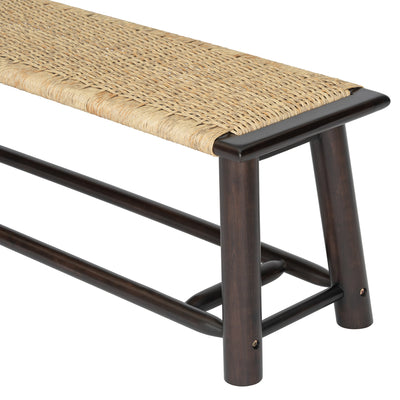 Farmhouse Modern Solid Wood Rattan Bench - Multi-Functional Design Walnut Finish 59 Inch Indoor & Covered Outdoor Bench