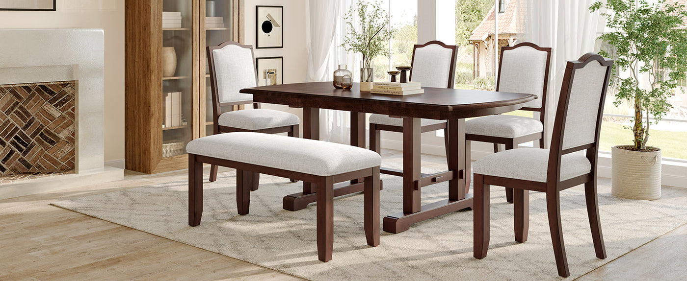 6-Piece Extendable Dining Table Set, 60–78 in. Wood Table with Removable Leaf, 4 Upholstered Chairs and Bench, Cherry Finish
