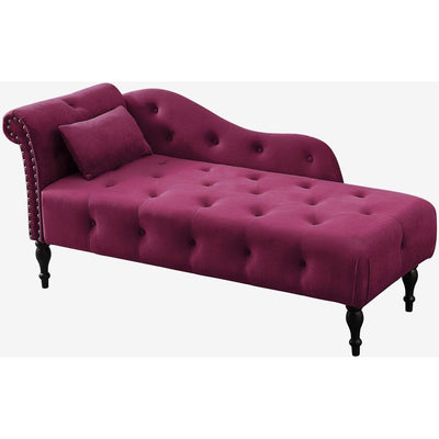 60.6" Velvet Chaise Lounge Buttons Tufted Nailhead Trimmed Solid Wood Legs with 1 Pillow,Burgundy (Left Arm Design as Shown in the Picture)