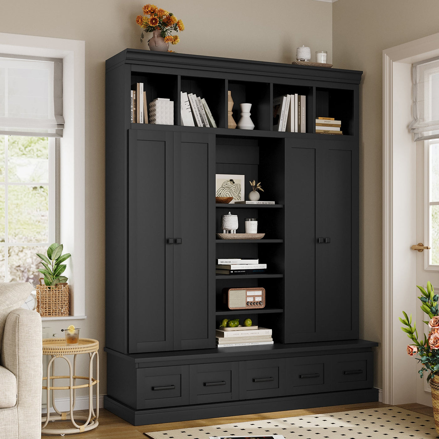 U-Can 78.7'H Hall Tree with Bench and 5 Storage Cubbies, Modern Entryway Storage Organizer Cabinet with 4 Doors, 5 Drawers and Adjustable Shelves for Hallway, Entryway, Living Room