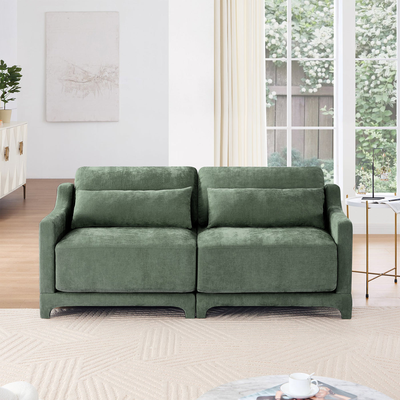Elegant Two-Seater Chenille Fabric Sofa with Lumbar Pillows, Ergonomic Design, Green