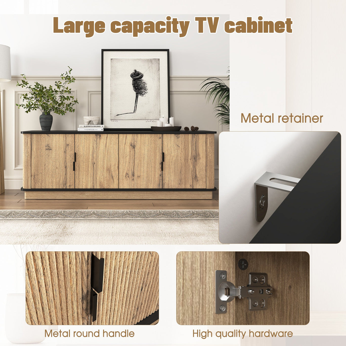 Natural Wood Grain Four-Door MDF TV Cabinet, An Ideal Choice for TV And Item Storage in Modern Homes, A Perfect Blend of Nordic And Modern Minimalist Styles, With Dimensions of 55*15.7*18.9 inches