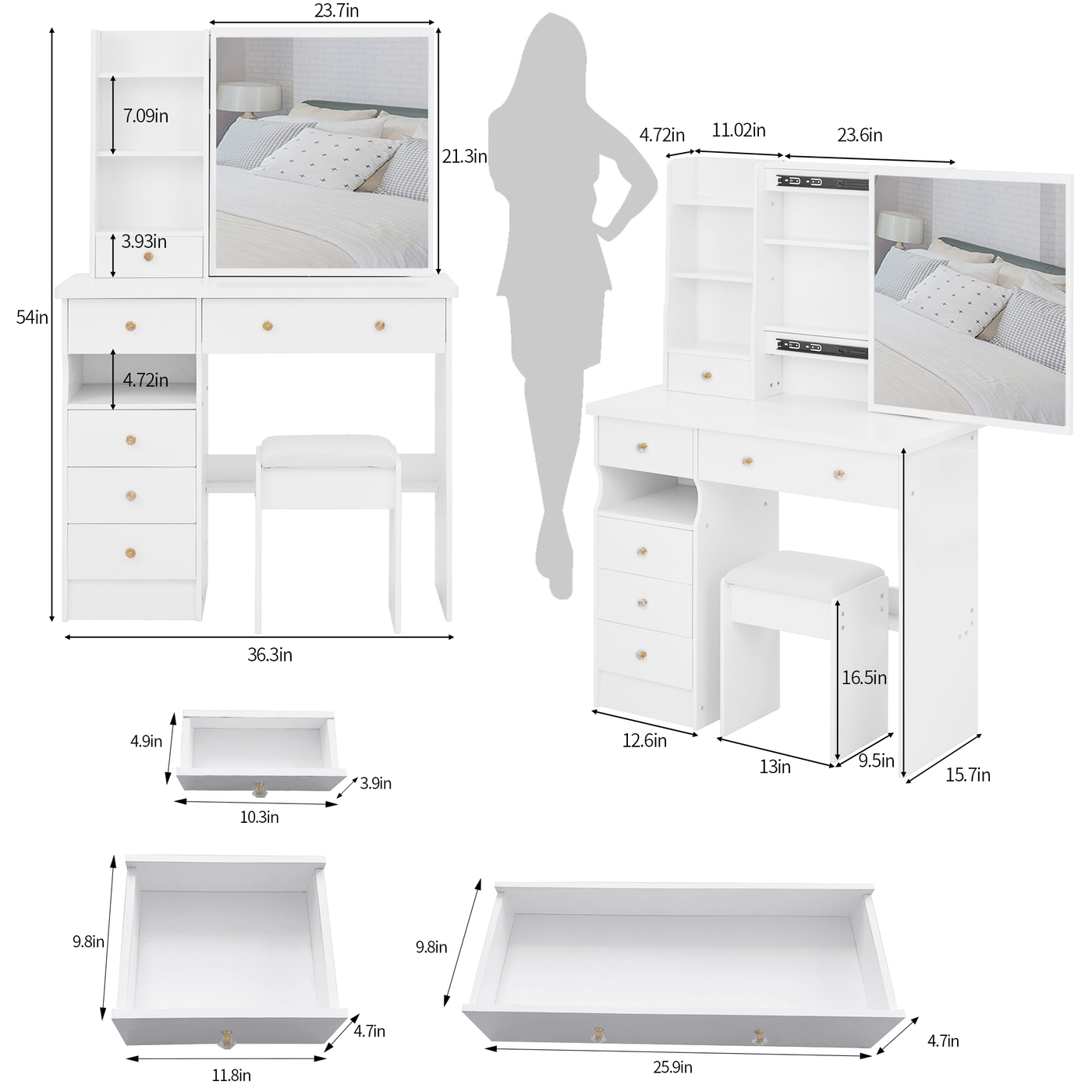 37' Middle Size Left Drawer Desktop Vanity Table + Cushioned Stool, Extra Large Right sliding mirror, Multi Layer High Capacity Storage, Practical Fashionable Dresser, Suitable For Large Space