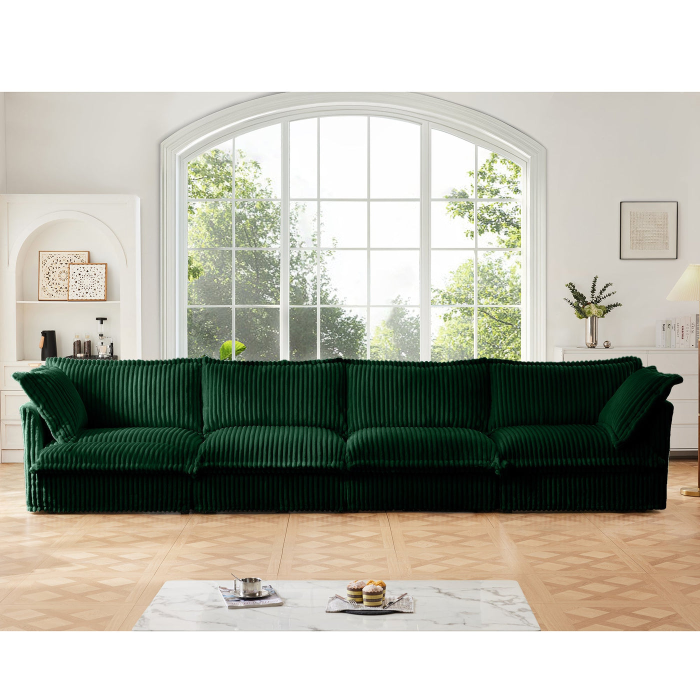 Slipcovered Long Sofa, 4 Seater Sofa with Removable Cover, Extra Deep Couch for Living Room, Corduroy Fabric Cloud Like Comfy Sofa Couch, Green Corduroy Fabric