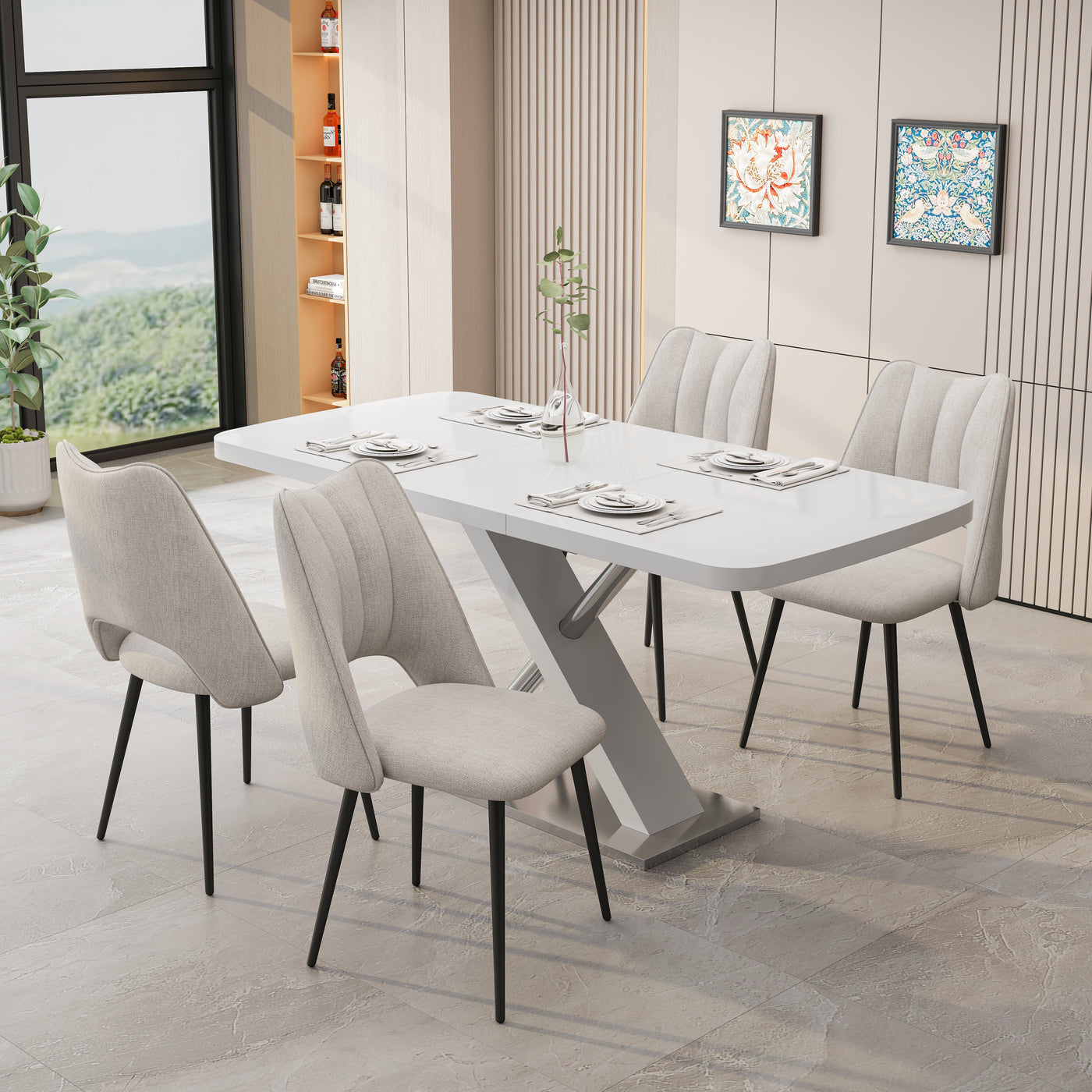5-Piece Dining Table and Chair Set, Including 4 Beige Chairs and a Retractable Dining Table in White, Suitable For 4 to 6 People's Dining Tables, Suitable for Kitchens and Living Rooms
