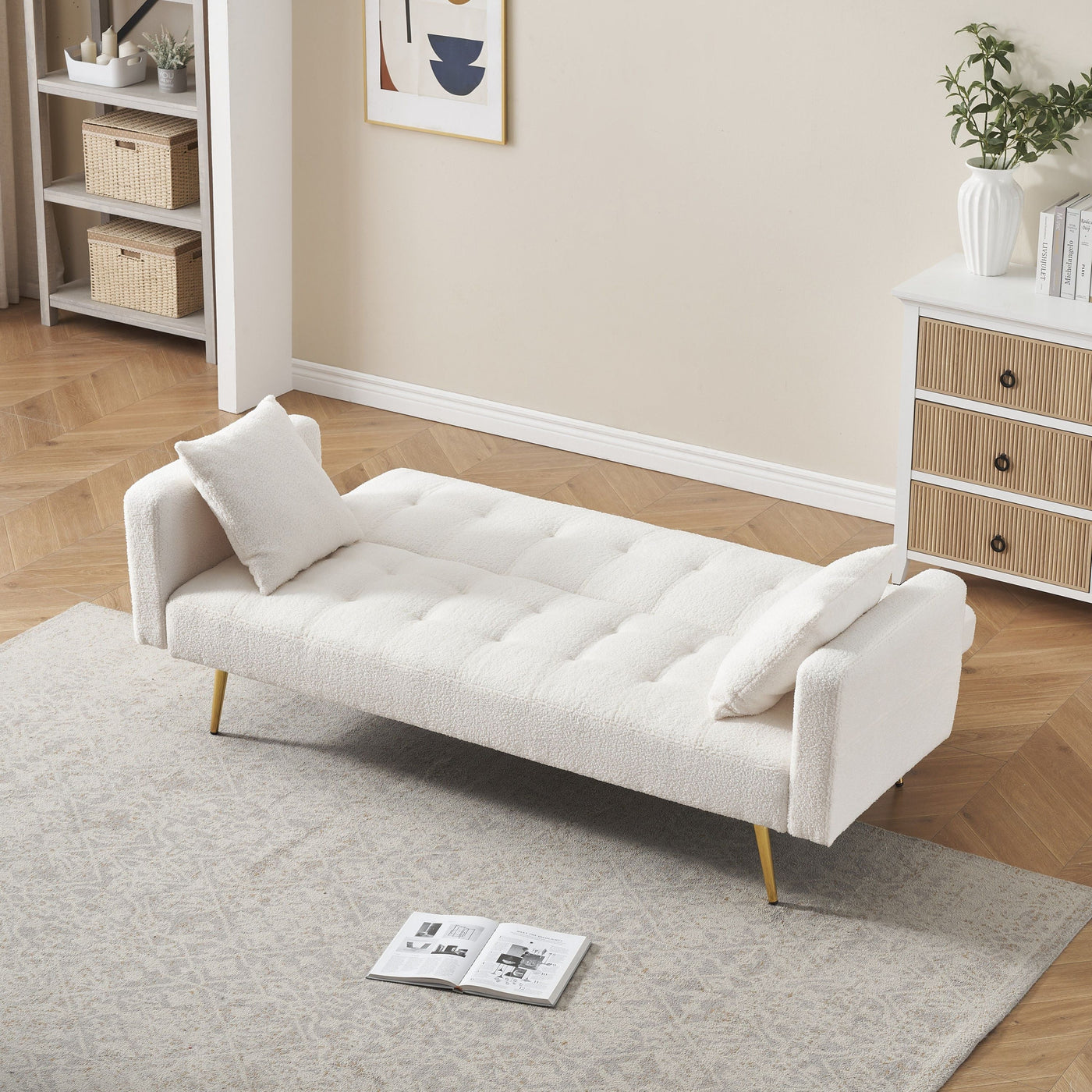 Teddy Fleece Sofa Bed with Luxurious Throw Pillows, Beige Fabric, 71.7-Inch