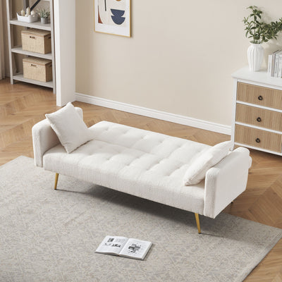 Teddy Fleece Sofa Bed with Luxurious Throw Pillows, Beige Fabric, 71.7-Inch