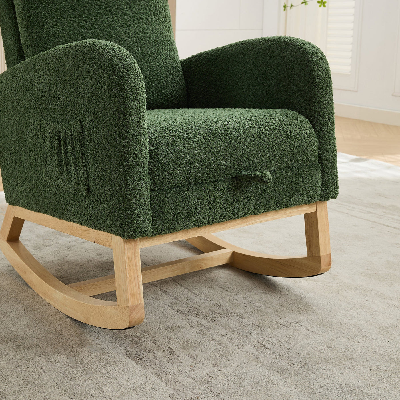 25.4'W Green Boucle High Back Glider Rocking Chair with Retractable Footrest and Rubber Wood Legs for Nursery and Living Room
