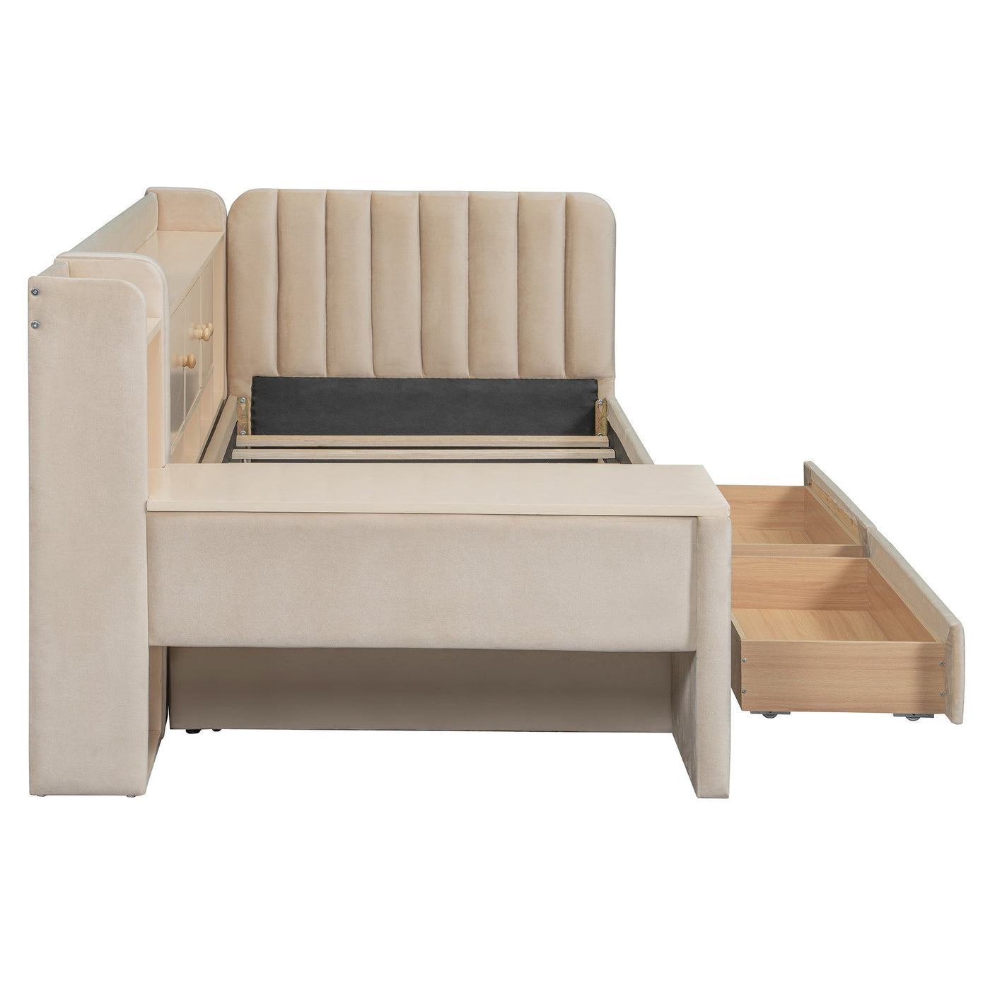 Twin Size Upholstered Daybed with Drawers, Shelves, Flip Cabinets & Side Table (Beige)