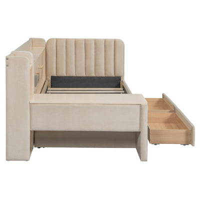 Twin Size Upholstered Daybed with Drawers, Shelves, Flip Cabinets & Side Table (Beige)