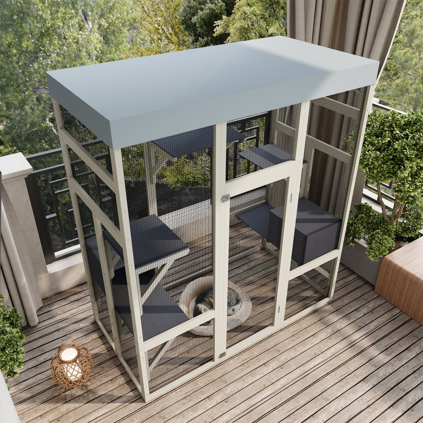 62.6' Gray Wooden Catio Outdoor Pet Enclosure with Waterproof Top, Spacious and Secure Cat House & Small Animal Cage, Black Rust-proof Metal Wire