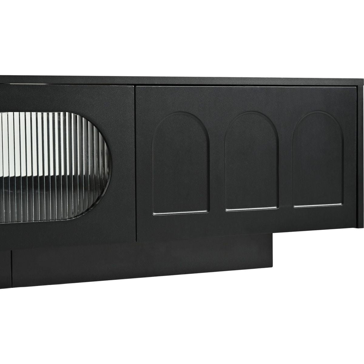 TV Stand with Fluted tempered Glass Doors for TVs Up to 95", Functional Media Console with Arched Cabinet Doors, Entertainment Center with APP-Controlled LED Light for Living Room, Black