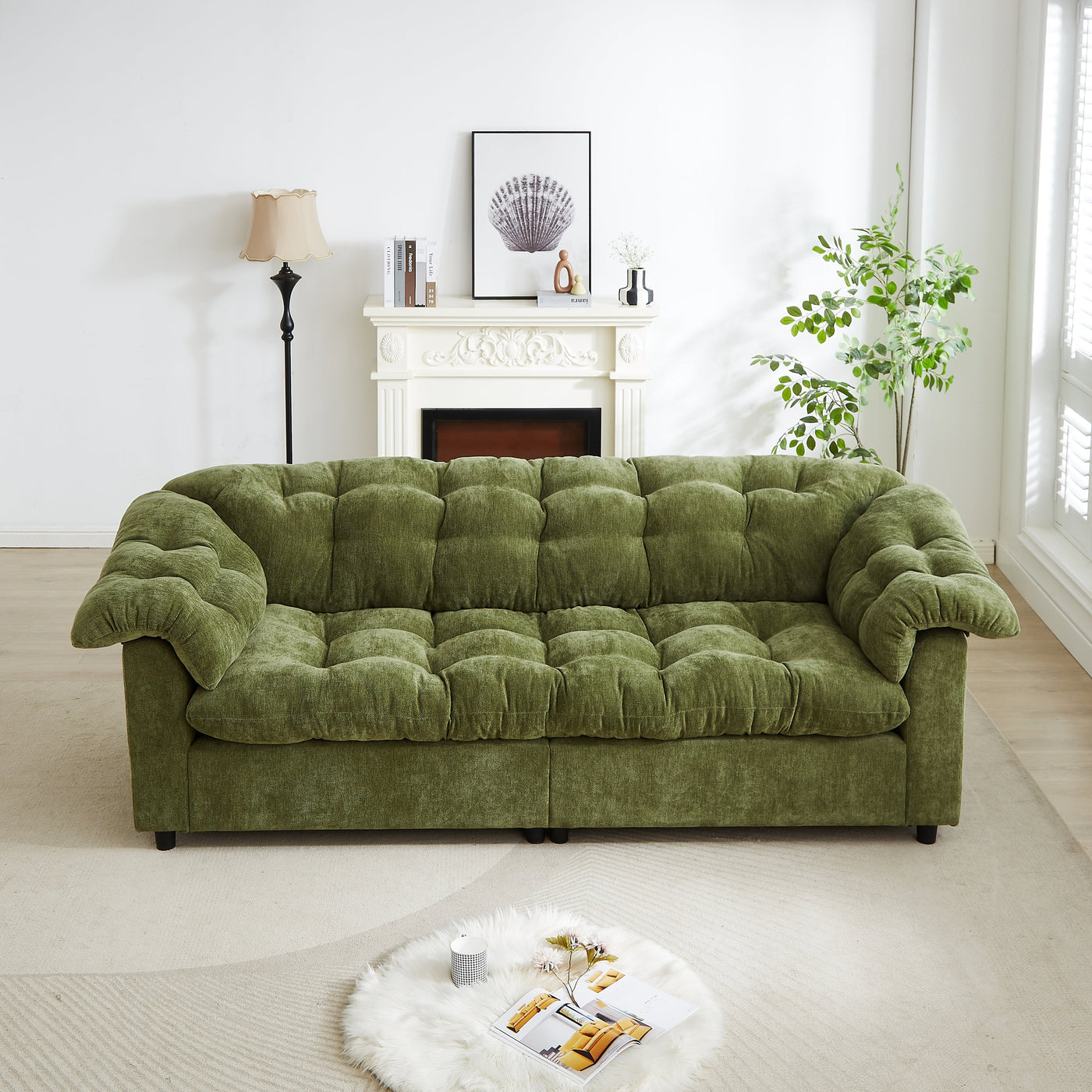 99.2' Chenille Modern Comfort Deep Seat Sofa, Upholstered Fluffy Cloud Sofa Suitable for living rooms, bedrooms, offices and apartments, Green