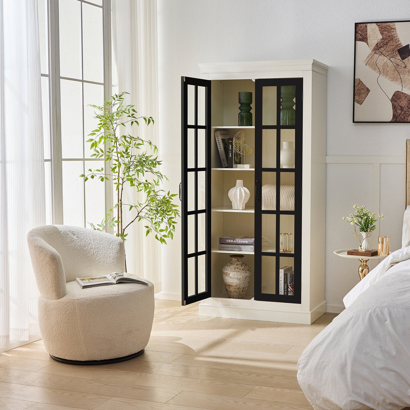 Rustic Style Display Cabinet with Glass Doors for Collectibles - White & Black, 71.2'' Tall
