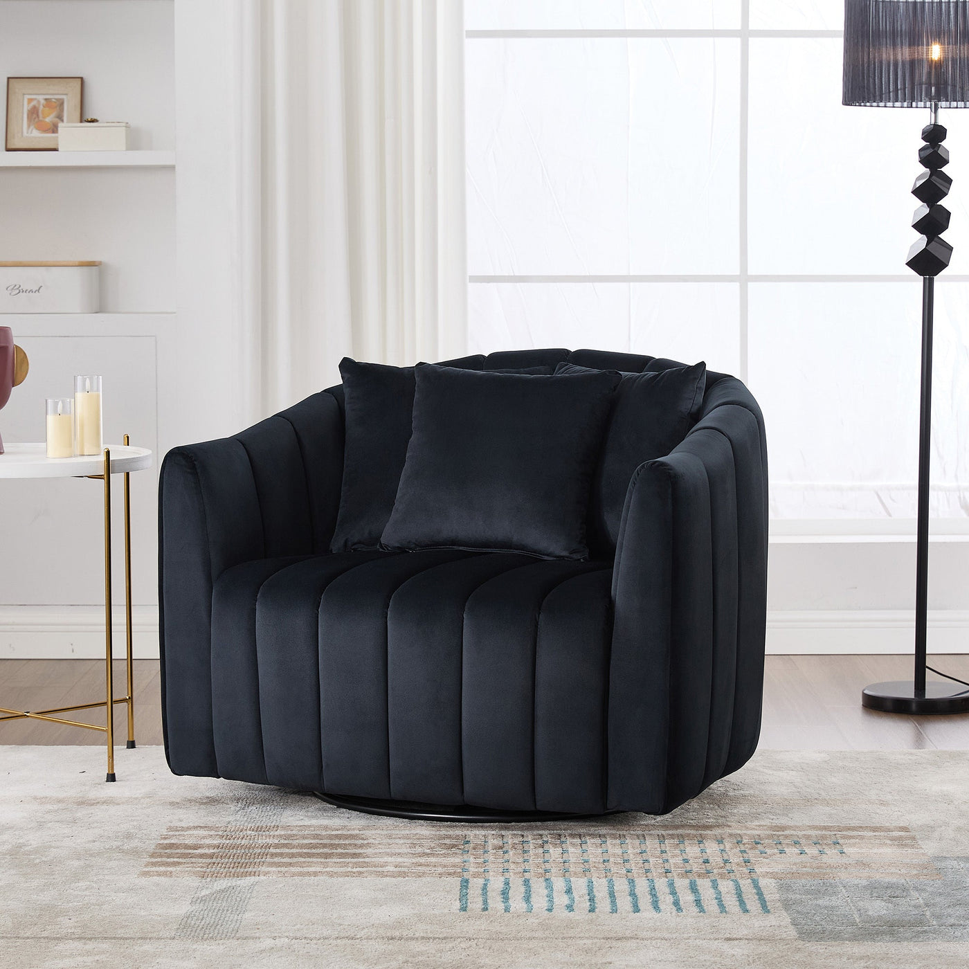 40.35'W Upholstered Oversized 360° Swivel Accent Barrel Chair and Half Cozy Sofa with 3 Pillows, Velvet Channel Tufted Pumpkin-Shape Club Armchair for Living Room, Bedroom, Office, Lounge, Black