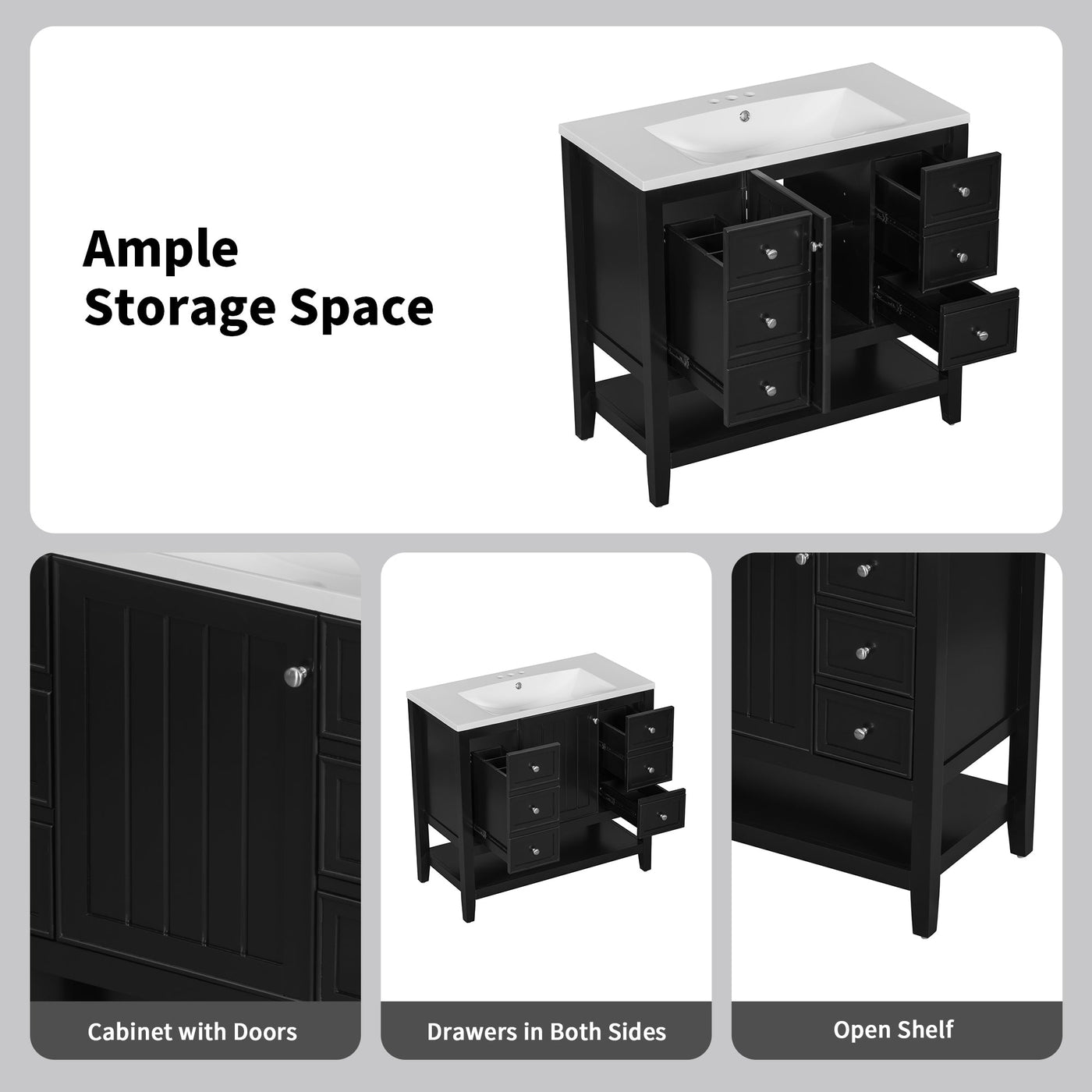 36' Bathroom Vanity with Sink Combo, One Cabinet and Three Drawers, Solid Wood and MDF Board, Black (Old Sku:SY999505AAB)