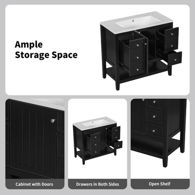 36' Bathroom Vanity with Sink Combo, One Cabinet and Three Drawers, Solid Wood and MDF Board, Black (Old Sku:SY999505AAB)
