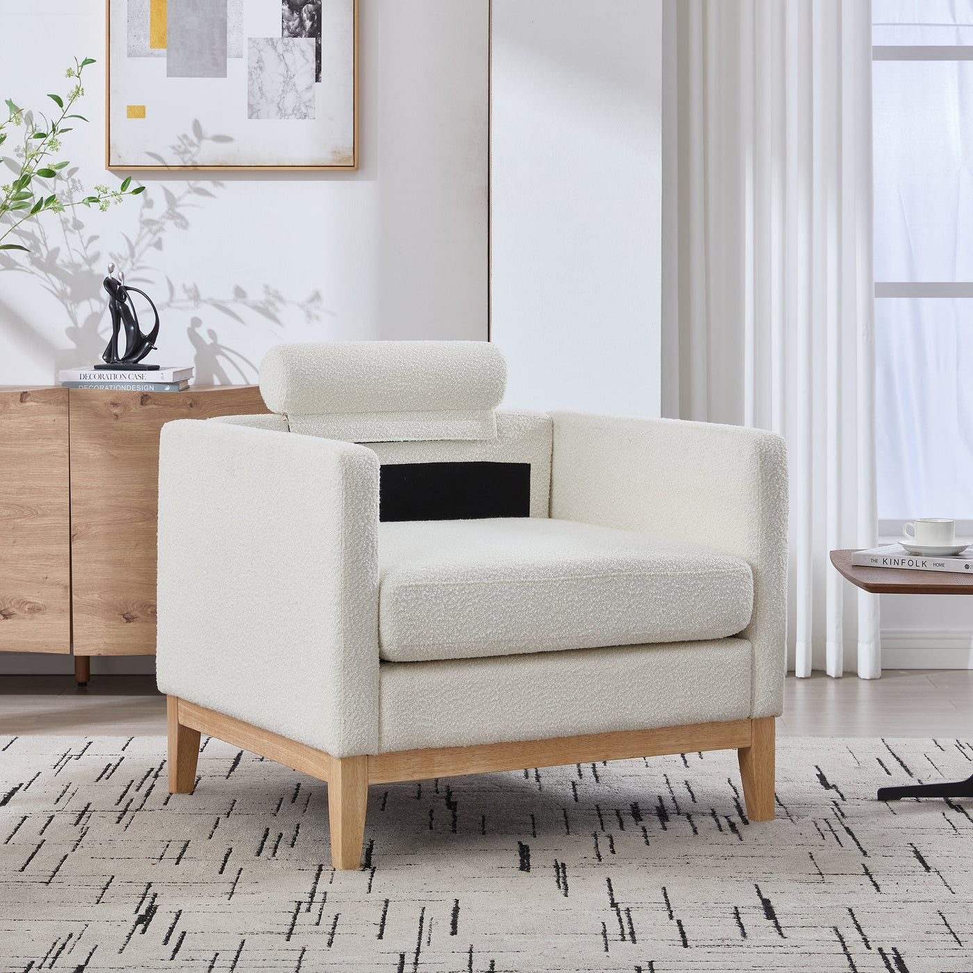35.4' Wide Modern Farmhouse Performance Accent Chair with Natural Wood Legs, Wood Base Reading Armchair Single Sofa with Two Bolster Pillows for Living Room Offices and Lounge, Ivory Boucle.