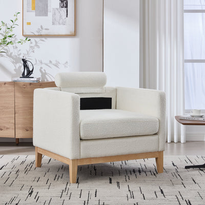35.4' Wide Modern Farmhouse Performance Accent Chair with Natural Wood Legs, Wood Base Reading Armchair Single Sofa with Two Bolster Pillows for Living Room Offices and Lounge, Ivory Boucle.