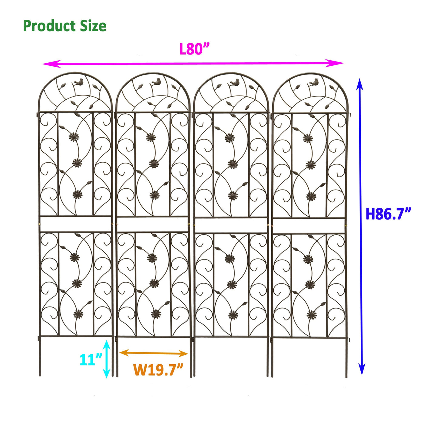 4 Pack Metal Garden Trellis 86.7' x 19.7' Rustproof Trellis for Climbing Plants Outdoor Flower Support Brown