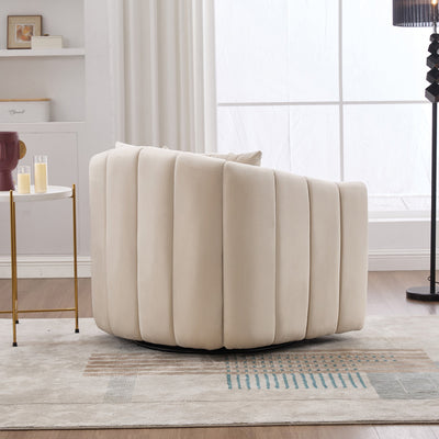 40.35'W Upholstered Oversized 360° Swivel Accent Barrel Chair and Half Cozy Sofa with 3 Pillows, Velvet Channel Tufted Pumpkin-Shape Club Armchair for Living Room, Bedroom, Office, Lounge, Beige